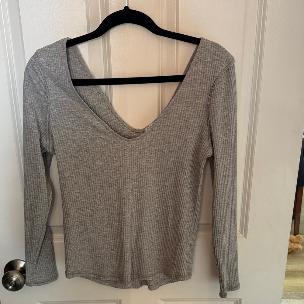 Free People Gray Ribbed Long Sleeve Top